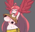  1girl absurdres ahoge animal_ears arms_up bird_ears blush borrowed_character breasts brown_tank_top closed_eyes coco_(eogks) commentary doce feathers grey_background harpy heart_pasties highres large_breasts long_hair monster_girl navel original pasties red_feathers red_hair red_wings simple_background skirt smile solo sweatdrop tank_top very_long_hair winged_arms wings yellow_skirt 