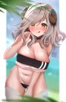  1girl :q absurdres ahoge artist_name blurry blurry_background blush breasts brown_eyes cleavage clenched_hand commission green_hairband grey_hair hairband highres horizontal_pupils horns indie_virtual_youtuber large_breasts long_hair lyla_sheepi navel nikkie_viore one-piece_swimsuit see-through_swimsuit sheep_girl sheep_horns solo swimsuit tongue tongue_out virtual_youtuber 