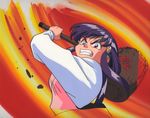  90s angry artist_request cel clenched_teeth hammer masaki_aeka_jurai orange_background purple_hair red_eyes solo teeth tenchi_muyou! 