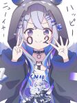  1girl absurdres amane_kanata amane_kanata_(6th_costume) belt_collar black_hoodie blue_hair character_print collar commentary_request crossed_bangs doyagao finger_counting grey_hair hair_ornament heart_o-ring highres hololive hood hood_up hoodie long_sleeves looking_at_viewer multicolored_hair open_clothes open_hoodie print_shirt purple_eyes seek_arrow self_character_print shirt smug solo straight-on streaked_hair upper_body v virtual_youtuber x_hair_ornament 