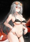  1girl absurdres arknights bare_arms bare_shoulders bikini black_background black_bikini commentary_request cowboy_shot eyewear_on_head grey_hair highres long_hair looking_at_viewer navel niuy red_eyes skadi_(arknights) solo standing stomach sunglasses swimsuit thighs very_long_hair 