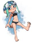  1girl aqua_hair arms_behind_back barefoot blue_background blue_eyes breasts closed_mouth commentary_request eyelashes full_body head_wreath highres medium_breasts medium_hair muramasa_mikado navel octoling_girl octoling_player_character smile solo splatoon_(series) splatoon_3 standing standing_on_one_leg tentacle_hair two-tone_background white_background 