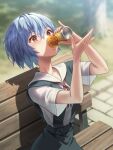  1girl ayanami_rei blue_hair can hair_between_eyes highres light neon_genesis_evangelion outdoors red_ribbon ribbon school_uniform shadow shirt short_hair sitting solo tokyo-3_middle_school_uniform translation_request tree white_shirt yahha 