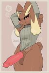 absurd_res anthro arm_socks balls big_penis bodily_fluids brown_body brown_fur clothing clothing_aside clothing_pull erection fur fur_tuft generation_4_pokemon genital_fluids genitals glistening glistening_eyes glistening_genitalia glistening_penis hand_behind_head hi_res jumper knot lagomorph leaking leotard leotard_aside leotard_pull leporid looking_at_viewer lopunny male mammal nintendo penis pink_eyes pokemon pokemon_(species) precum rabbit raised_arm smile smiling_at_viewer solo spyromancer thick_thighs tuft