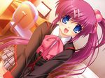  :d blue_eyes bow dutch_angle game_cg hair_bobbles hair_ornament hairclip little_busters! long_hair non-web_source open_mouth pink_bow purple_hair saigusa_haruka school_uniform side_ponytail smile 