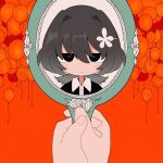  1girl apricot_(vocaloid) balloon black_eyes black_hair black_shirt blush closed_mouth collared_shirt expressionless flower gradient_hair hair_between_eyes hair_flower hair_intakes hair_ornament half-closed_eyes hand_mirror highres holding holding_mirror looking_at_viewer mai_(maimaimaigoen) maimaimaigoen medium_hair mirror multicolored_hair orange_background pov pov_hands reflection shiba_inu_(j1piwzrj8xdzywk) shirt solo straight-on white_flower wolf_cut 