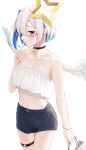  1girl absurdres alternate_costume amane_kanata bag bare_arms black_choker blue_hair blue_shorts blush camisole choker closed_mouth colored_inner_hair commentary_request cowboy_shot cropped_shirt feathered_wings grey_hair halo hand_up highres holding holding_bag hololive index_finger_raised midriff mini_wings multicolored_hair o-ring o-ring_choker o-ring_thigh_strap one_eye_closed paper_bag pink_hair purple_eyes shirt short_hair short_shorts shorts simple_background sleeveless sleeveless_shirt smallpine_7 smile solo standing star_halo streaked_hair thigh_strap virtual_youtuber white_background white_camisole white_wings wings yellow_halo 