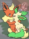 3:4 blue_eyes bodily_fluids cum duo eeveelution embrace female feral flareon generation_1_pokemon generation_4_pokemon genital_fluids hi_res hug leafeon male male/female nintendo one_eye_closed paws pinkcandyzhou pokemon pokemon_(species) pregnant pregnant_female sex