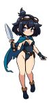 1girl black_hair blue_cape blue_eyes boots breasts cape commentary english_commentary fingerless_gloves full_body gloves goggles goggles_on_head groin highleg highleg_leotard highres holding holding_knife ink_(inksgirls) knife leotard medium_breasts original pouch short_ponytail solo strapless strapless_leotard torn_cape torn_clothes 