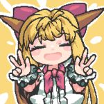  1girl blonde_hair blush bow bowtie brown_horns closed_eyes commentary_request cookie_(touhou) double_w hair_bow highres horns ibuki_suika long_hair medium_bangs open_mouth pixel_art red_bow red_bowtie shirt sidelocks sleeveless sleeveless_shirt smile solo tonchamon_san touhou upper_body very_long_hair w white_shirt wrist_cuffs yamin_(cookie) yellow_background 