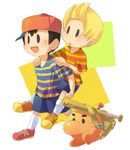  artist_request bag baseball_bat black_hair blonde_hair doseisan hat lowres lucas male_focus mother_(game) mother_2 mother_3 multiple_boys ness quiff ribbon smile super_smash_bros. 