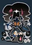  1boy absurdres ahoge arknights black_hair black_necktie chibi coat ghost_(tama) highres lantern lighthouse lumen_(arknights) necktie open_mouth pointy_ears seaborn_(arknights) shirt short_hair simple_background solid_oval_eyes solo white_shirt 