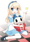  alice_(wonderland) alice_(wonderland)_(cosplay) alice_in_wonderland black_footwear blonde_hair blue_bow blue_dress blue_eyes bow cosplay dress hairband kuma_(persona_4) male_focus mary_janes otoko_no_ko pantyhose persona persona_4 shoes smile solo usashiro_mani white_legwear 