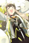  1girl absurdres arknights black_choker blush brown_hair bubble choker coat elf happy highres i211 jacket long_hair long_sleeves mole mole_under_eye muelsyse_(arknights) open_clothes open_mouth pointy_ears shirt simple_background smile solo very_long_hair yellow_eyes 