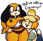 animal_crossing anthro big_breasts black_clothing black_panties black_underwear breasts brown_clothing brown_topwear canid canine canis clothing collar dialogue digital_drawing_(artwork) digital_media_(artwork) domestic_dog duck_hunt duck_hunt_dog duo female hand_around_waist head_on_breast hi_res huntress_(lewdewott) isabelle_(animal_crossing) lewdewott mammal navel nintendo nipples one_eye_closed open_mouth orange_body panties simple_background spiked_collar spikes standing thick_thighs topwear underwear white_background wink