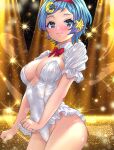  blue_eyes blue_hair bow bowtie crescent crescent_hair_ornament curtains detached_collar detached_sleeves frilled_leotard frills girlfriend_(kari) hair_ornament hairband highleg highleg_leotard leotard minamida_nanase red_bow red_bowtie red_hairband short_hair sparkle star_(symbol) star_hair_ornament strapless strapless_leotard wankoro white_leotard 