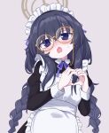  1girl alternate_costume apron bags_under_eyes black_dress black_hair blue_archive blue_eyes blush braid commentary dress enmaided eyewear_strap frilled_apron frills glasses grey_background hair_between_eyes halo heart heart_hands highres long_hair low_twin_braids maid maid_apron maid_headdress mixed-language_commentary open_mouth pankobreaddumbs round_eyewear simple_background solo sweatdrop twin_braids ui_(blue_archive) very_long_hair wavy_mouth 