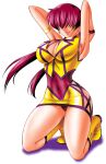  1girl armpits arms_up bad_source boots breasts cleavage cleavage_cutout clothing_cutout covered_navel cropped_jacket earrings hair_over_eyes jacket jewelry kneeling large_breasts lips lipstick long_hair makeup miniskirt mokkouyou_bond panties ponytail purple_panties red_hair shermie_(kof) shiny_skin shirt simple_background skirt sleeveless smile snk solo split_ponytail the_king_of_fighters thighs underwear white_background yellow_shirt 