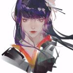  1girl black_hair blunt_bangs cropped_torso fei_yu final_fantasy final_fantasy_xiv floating_hair flower grey_eyes hair_flower hair_ornament highres hyur light_smile long_hair looking_at_viewer mole mole_under_mouth portrait red_lips simple_background sketch solo straight-on white_background yotsuyu_goe_brutus 