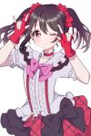  1girl \m/ black_bow black_hair bokura_wa_ima_no_naka_de bow center_frills choker closed_mouth commentary commentary_request fingerless_gloves frilled_choker frilled_shirt frills gloves hair_between_eyes hands_up highres kam_tuki looking_at_viewer love_live! love_live!_school_idol_project medium_hair nico_nico_nii one_eye_closed puffy_short_sleeves puffy_sleeves red_eyes red_gloves red_skirt shirt short_sleeves sidelocks skirt smile solo suspender_skirt suspenders twintails upper_body white_background white_shirt yazawa_nico 