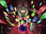  bow bowtie danmaku dark elbow_gloves front_ponytail gloves green_eyes green_hair hair_bow kagiyama_hina looking_at_viewer magic red_bow red_neckwear shawl solo touhou uruu_gekka 