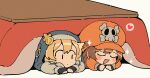  1boy 1girl androgyne_symbol black_gloves blonde_hair blush bridget_(guilty_gear) brown_hair cabbie_hat chibi commentary_request fingerless_gloves gloves guilty_gear guilty_gear_strive habit hat hat_ornament hood hood_up hooded_jacket itsuka_neru jacket kotatsu long_hair long_sleeves male_focus may_(guilty_gear) medium_hair open_mouth orange_headwear otoko_no_ko skull_and_crossbones skull_hat_ornament smile table under_kotatsu under_table 