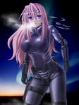  bandana bodysuit breasts breath cosplay five-seven glasses gloves large_breasts long_hair lucky_star metal_gear_(series) metal_gear_solid night pink_hair purple_eyes solid_snake solid_snake_(cosplay) solo takara_miyuki 