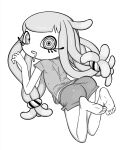  1girl absurdres ass barefoot drooling eyelashes feet from_behind hair_ornament hair_scrunchie harmony_(splatoon) highres looking_at_viewer looking_back monochrome o_den open_mouth ringed_eyes scrunchie shirt short_shorts short_sleeves shorts simple_background soles solo splatoon_(series) splatoon_3 tentacle_hair toes white_background 