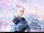  architecture blue_eyes castle cherry_blossoms cloud east_asian_architecture fan flower hair_ornament hairpin japanese_clothes kakita_taminoko kimono legend_of_the_five_rings mario_wibisono markings petals sky solo white_hair 