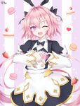  1boy animal_ears artist_logo astolfo_(fate) astolfo_(saber)_(fate) black_bow black_bowtie black_gloves black_thighhighs bow bowtie cake cake_slice fake_animal_ears fang fate/grand_order fate_(series) food fruit gloves hair_bow hair_intakes heart heart_hands light_blush long_hair low_twintails macaron maid multicolored_hair otoko_no_ko pink_hair pong_(vndn124) purple_eyes rabbit_ears simple_background skin_fang solo sparkle spoken_heart strawberry strawberry_cake streaked_hair striped_background thighhighs twintails very_long_hair white_hair wing_collar 