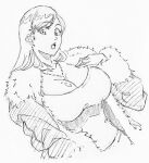  1girl bleach breasts cleavage coat fur-trimmed_jacket fur_trim hair_ornament hand_on_own_chest huge_breasts inoue_orihime jacket jewelry long_hair looking_at_viewer monochrome necklace open_mouth rakusakugk shiny_skin solo tank_top 