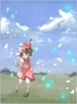  brown_eyes brown_hair cloud day hat inuinui lyrica_prismriver meadow musical_note nature petals shoes short_hair skirt sky socks solo touhou 