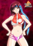  adapted_costume blue_headband breasts brown_eyes brown_hair character_name hands_on_hips headband midriff navel short_hair shu-z small_breasts solo space star_(sky) takaya_noriko top_wo_nerae! 