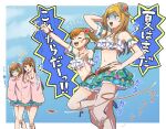  4girls ^_^ aqua_bikini aqua_bow aqua_skirt aqua_sleeves arm_behind_head bare_arms bare_legs bare_shoulders bead_necklace beads belt bikini blonde_hair blue_sky blunt_bangs border bow bowtie brown_belt brown_bracelet brown_eyes brown_headwear character_request clenched_hand closed_eyes cloud commentary_request cross-laced_clothes cross-laced_sleeves detached_sleeves fingernails fist_pump floral_print flower frilled_skirt frilled_sleeves frills frown hair_beads hair_bow hair_flower hair_ornament hand_on_own_cheek hand_on_own_face hand_on_own_hip hat hat_bow hat_flower hibiscus highres holding holding_towel idolmaster idolmaster_million_live! jewelry layered_bikini leglet light_blush long_hair looking_ahead medium_hair mini_hat miniskirt multiple_girls necklace notice_lines open_mouth outdoors outside_border outstretched_arm pleated_skirt posing red_flower sandals shaded_face shell shell_necklace side_ponytail sidelocks simple_background skirt sky smile speech_bubble stomach straight_hair straw_hat swimsuit tanaka_kotoha tearing_up teeth towel towel_around_neck translation_request trembling v-shaped_eyebrows wavy_mouth white_bikini white_border white_bow white_bowtie witoi_(roa) 