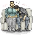  2boys bara beard_stubble buzz_cut colored_pencil_(medium) couch couple face_to_pecs facial_hair golden_kamuy happy highres kasuke_(li_tgknk) large_pectorals legs_together loose_hair_strand male_focus mature_male multiple_boys muscular muscular_male ogata_hyakunosuke on_couch pants pectoral_press pectorals shirt shoes short_hair sitting sketch sneakers stubble t-shirt tanigaki_genjirou thick_arm_hair thick_eyebrows traditional_media translation_request very_short_hair yaoi 