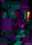 absurd_res anthro breasts caught comic dialogue digital_drawing_(artwork) digital_media_(artwork) dragon english_text featureless_breasts female glowing glowing_eyes green_body hair hi_res horn lustragon nude purple_eyes purple_hair scalie shade_(iestragon) solo speech_bubble swallowing text