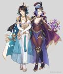  2girls alternate_costume arete_(fire_emblem) black_hair blue_hair breasts bridal_gauntlets brown_eyes cleavage commission english_commentary fire_emblem fire_emblem_fates full_body highres large_breasts mikoto_(fire_emblem) multiple_girls silvercandy_gum smile toeless_footwear yellow_eyes 