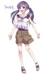  1girl :d brown_shorts character_name eyelashes full_body hiiragi_yuka_(niconico) indie_utaite layered_clothes lone_nape_hair long_hair open_hands open_mouth purple_eyes purple_hair purple_shirt sandals shirt short_sleeves shorts simple_background sleeveless sleeveless_shirt smile solo spaghetti_strap sparkle swept_bangs tachi-e teeth twintails upper_teeth_only utaite white_background white_shirt yamako_(state_of_children) 