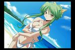  beach bikini day dutch_angle game_cg green_hair hair_ribbon izumi_mahiru long_hair outdoors ribbon sakurai_chisato solo swimsuit windowboxed wrestle_angels wrestle_angels_survivor yellow_eyes 