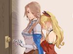  2girls black_bow blonde_hair blush bow breasts brown_hair choker cleavage collarbone commentary_request couple doorknob dress earrings granblue_fantasy hair_bow high_ponytail jewelry katalina_(granblue_fantasy) lace lace_choker long_hair medium_breasts miso-ha_(ukyuu) multiple_girls ponytail red_bow red_sleeves straight_hair strapless strapless_dress two-tone_bow vira_(granblue_fantasy) yuri 