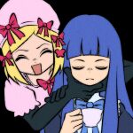  2girls black_background blonde_hair blue_bow blue_bowtie blue_hair bow bowtie closed_eyes closed_mouth cryptidhermit cup dress elbow_gloves frederica_bernkastel frills gloves hair_ornament hat holding holding_cup lambdadelta long_hair multiple_girls open_mouth pink_dress pink_headwear red_bow red_bowtie short_hair umineko_no_naku_koro_ni 