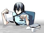  bad_id bad_pixiv_id black_hair blue_hair chou_shittou_caduceus cup desk flask hip_flask male_focus medical_scrubs mudo_(saji) mug papers solo victor_niguel 