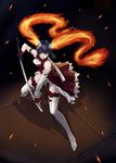  black_hair boots breasts demon_girl dress fire gloves highres kunishige_keiichi large_breasts lipstick makeup original short_hair solo sword thigh_boots thighhighs weapon yellow_eyes zettai_ryouiki 