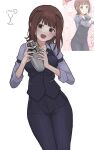  1girl 8_8ghost amami_haruka armband bartender black_pants black_shirt blue_shirt blunt_bangs brown_hair cocktail_shaker cowboy_shot denim dress_shirt flipped_hair grey_eyes hair_intakes hair_ornament hairclip highres holding_cocktail_shaker idolmaster idolmaster_(classic) idolmaster_million_live! idolmaster_million_live!_theater_days jeans light_blush long_sleeves medium_hair official_alternate_costume official_art_inset open_mouth pants reference_inset shirt smile solo suit white_background wing_collar 