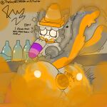 alcohol anthro anus balls beverage big_butt biohazard_symbol blush bodily_fluids butt digital_media_(artwork) domestic_cat drunk fart fart_cloud fart_fetish feces felid feline felis femboy freeway_(freewaythecat) freewaythecat fur genitals grey_body hair hazard_symbol hi_res huge_butt male mammal nude orange_body orange_fur raised_tail shocked simple_background solo substance_intoxication symbol tail tail_motion tailwag text traffic_cone