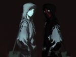  bag bags_under_eyes black_hair blood blood_from_eyes blood_on_face c1grhin cry_of_fear dark dual_persona exhaust glowing grey_hoodie hands_in_pockets highres hood hood_up hoodie looking_at_viewer red_background short_hair shoulder_bag simon_henriksson simon_henriksson_(book) spot_color upper_body wide-eyed 