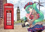  bag bird camera cloud day elizabeth_tower green_eyes green_hair hat hatsune_miku london long_hair open_mouth pantyhose phone_booth riyun_(halodark) skirt sky solo spring_onion united_kingdom vocaloid 