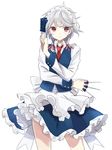  adapted_costume apron between_fingers braid hair_ribbon izayoi_sakuya knife maid maid_headdress necktie red_eyes ribbon short_hair simple_background skirt solo taiki_(ozone) touhou twin_braids waist_apron white_background white_hair 