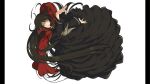  1girl absurdres black_dress brown_hair cape crazy_smile dress highres kagura_(senran_kagura) long_hair long_sleeves non-web_source official_art open_mouth pillarboxed pink_eyes red_cape senran_kagura senran_kagura_burst_re:newal smile solo symbol-shaped_pupils white_background yaegashi_nan 