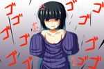  :t anger_vein bare_shoulders black_hair flat_chest nishi_koutarou no_bra original oversized_clothes pout red_eyes ribbed_sweater scowl short_hair sleeves_past_fingers sleeves_past_wrists solo sweater 